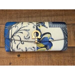 Ferragamo Wallet Womens Multicolor Bird Floral Leather Long Clutch Italy Gancini
